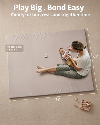 Blissful Diary Vegan Leather Baby Play Mat, 71x59 Thicken Foam Cushioned & Waterproof Playpen Mat for Infants and Toddlers, Stylish and Just Wipe-Clean Playmat for Baby Play on Floor, Taupe - color: Taupe, size: 71" X 59"