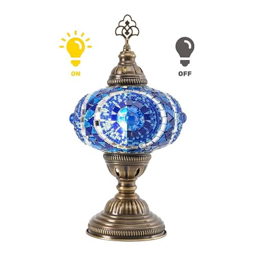 Turkish Lamp, Mosaic Table Lamp, Antique Moroccan Decorative Glass Bohemian Vintage Lamp Shade, Small Desk Tiffany Bedside Stained Glass Lamp with US Plug and E12 Socket - color: Blue-2