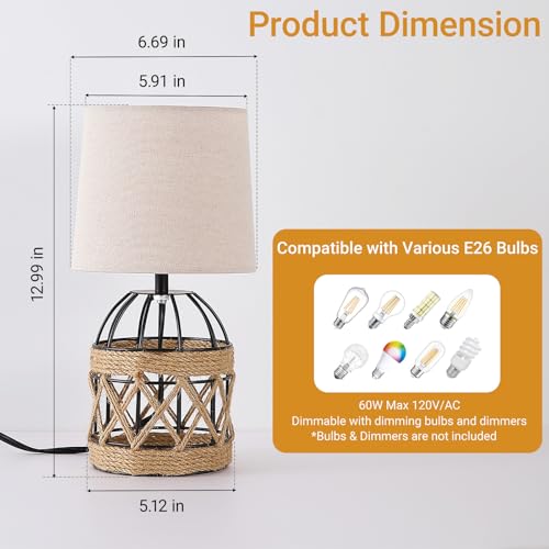 Boho Table Lamp for Bedroom, Small Bedside Lamp with Rattan Metal Cage Base and Linen Shade, Nightstand Lamp for Living Room, Farmhouse Coastal Rustic Bedroom Decor, E26 Socket, Bulb Not Included - size: 1 Pack