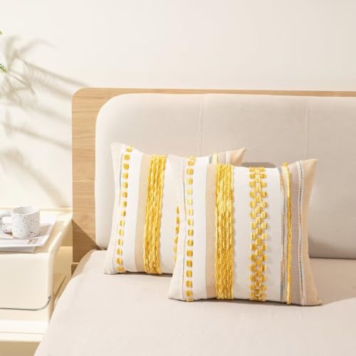 Boho Throw Pillow Covers 18x18 Set of 2 Farmhouse Decorative Cushion Case Striped Square Pillows Cover Chenille Pillow Cases Accent Neutral Pillowcase for Sofa Couch Bed,Yellow - color: Yellow Stripe