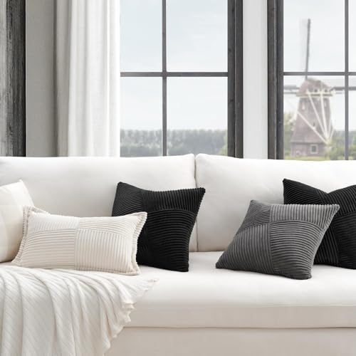 Topfinel Set of 2 Black Decorative Yellow Throw Pillow Covers 18x18 Inch for Couch Sofa Bed, Farmhouse Boho Rustic Home Decor,Soft Corduroy Windmill Textured Striped Patchwork Cushion Cases - color: Black, size: 18" x 18" (Pack of 2)