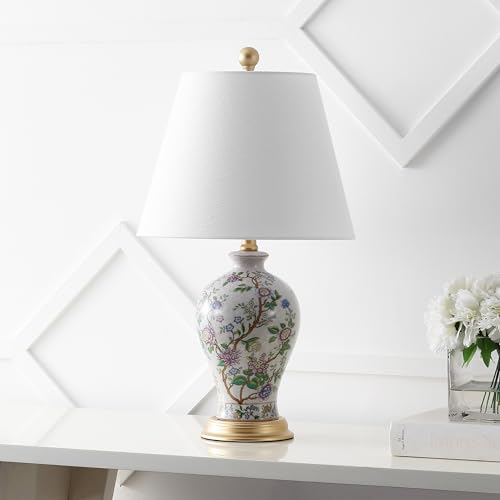 JONATHAN Y 24" Multi-Colored/Gold French Country Ceramic Floral Urn Table Lamp, White Linen Shade, Chinoiserie Ginger Jar Bedside Lamp for Living Room Bedroom, LED Bulb JYL3009A - color: Multicolor