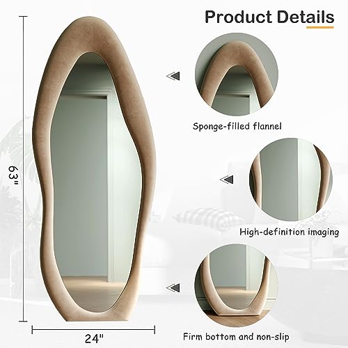 Honyee Full Length Mirror, 63" x 24" Wall Mirror, Flannel Wrapped Wooden Frame Floor Mirror, Irregular Wavy Mirror Hanging or Leaning Against Wall for Cloakroom/Bedroom/Living Room, Milk Tea - color: Milk Tea, size: 63"L x 24"W