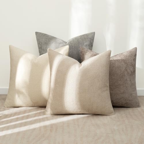MIULEE Pack of 4 Couch Throw Pillow Covers 18x18 Inch Neutral Beige/Brown Soft Decorative Chenille Pillow Covers Farmhouse Accent Cushion Covers for Boho Spring Home Decor Sofa Bedroom Living Room - color: Neutral Beige/Brown, size: 18" x 18" (Pack of 4)