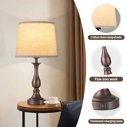 Bedside Table Lamp Touch Control Bedroom Lamps with USB A + C Charging Port 3 Way Dimmable Touch Lamps for Nightstand Living Room Bedroom Dorm Home Office Reading, Set of 2 (Beige Shade & Brown Base) - color: Beige Shade & Brown Base