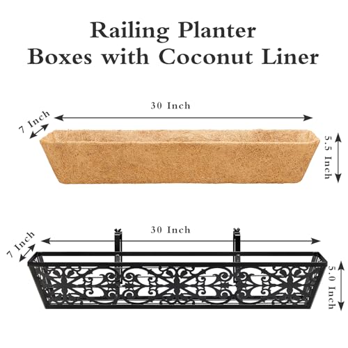 2 Pack 30 Inch Window Boxes Planters Railing Planter Box with Adjustable Brackets & Coco Liners Fabric Plant Grow Bags Deck Railing Planter Boxes Balcony Hanging Flower Box for Outdoor Plants - color: 2 Pack-black, size: 30 Inch