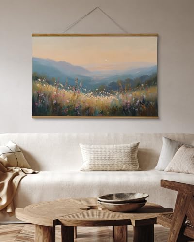 VIYYIEA Extra Large Size Canvas Wall Art, 36x54 Inch Sunset Mountain Valley with Wildflowers Scroll Painting, Oversized Landscape Wall Hanging for Living Room, Bedroom, or Cabin Decor - color: Sunlit Hills Beyond the Blooming Flowers