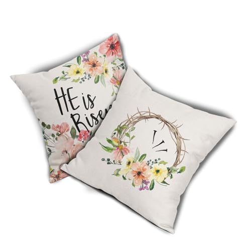 He is Risen Easter Religious Pillow Covers 16x16 Inches Colorful Flowers Throw Pillow Case Set of 2 Easter Spring Pillow Cover Cotton Linen Cushion Cover for Home Couch Sofa Bedroom Livingroom - color: He is Risen231123, size: 16" x 16" (Pack of 2)