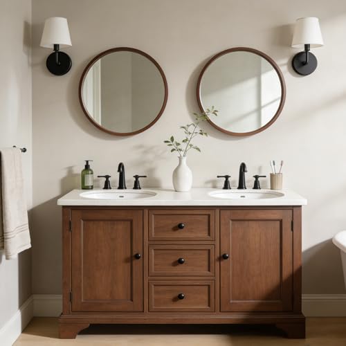 WallBeyond 24 Inch Round Wood Mirror, Circle Wooden Frame Wall Mirror for Bathroom, Living Room, Bedroom, Entryway (Walnut) - color: Walnut, size: 24"L x 24"W