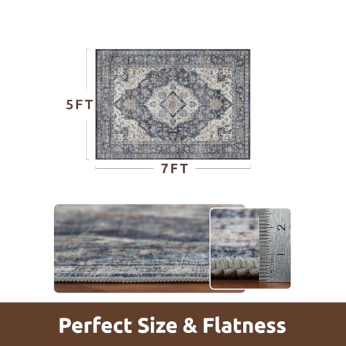 AMOAMI-Area Rug 5X7 Rugs for Living Room-Vintage Soft Blue Rugs for Bedroom-Non Slip Carpet-Machine Washable Rug for Dining Room Living Room Bedroom Office Under Table - color: Blue, size: 5' X 7' (Rectangular)