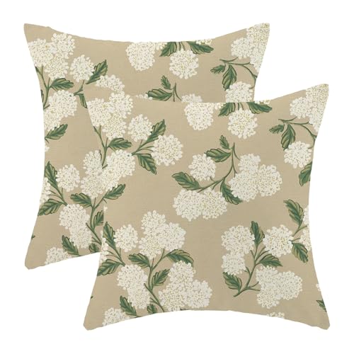 AEIOAE Spring Pillow Covers 16x16 Inch Set of 2, Beige Green Hydrangea Flower Throw Pillows Case,Floral Summer Outdoor Seasonal Decorative Farmhouse Decor Cushion Covers for Home Sofa Bed Couch - color: Beige Hydrangea, size: 16" x 16" (Pack of 2)