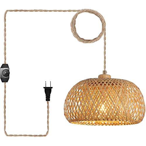 Bamboo Plug in Pendant Light with 14ft Handmade Woven Light Cord, Dimmable Switch, Boho Basket Hanging Lamp for Bedroom Kitchen Island Decor Farmhouse Living Room - color: Natural-4