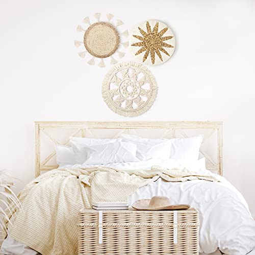 Unittype 3 Pcs Boho Wall Basket Decor, 12 Inch Rattan Wicker Wall Hanging Decoration, Round Handmade Flat Elegant Woven Tapestry Art Basket for Home Bedroom Living Room Kitchen