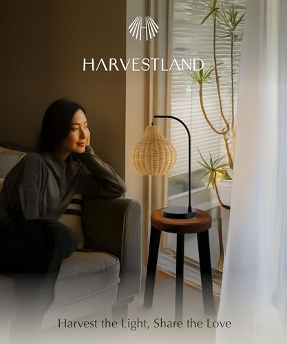 HarvestLand Sunwoven 20” Boho Table Lamp – Woven nightstand lamp, Rattan Lamp with Curved Black Metal Frame for Bedside Lamp, Wicker lamp for Bedroom, Living Room, or Entryway, End Table lamp - style: Sunwoven 20” Rattan