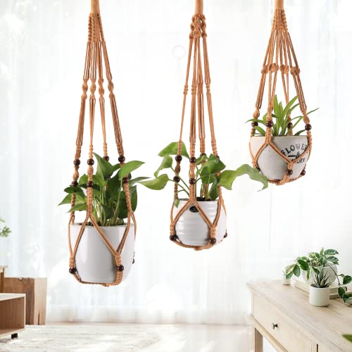 3-Pack Macrame Plant Hanger Indoor - Hanging Planter Basket for Indoor Outdoor - Decorative Boho Plant Holders Set with Beads - Ceiling Flower Pot Holder with 6 Hooks - 35"/30"/24" Brown - color: Brown
