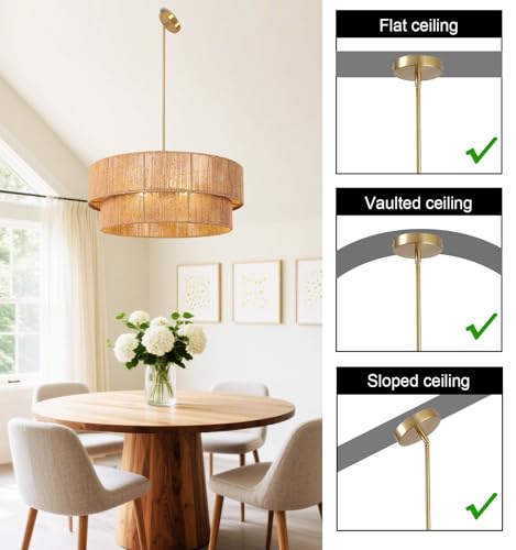 23.6'' Boho Rattan Chandelier Hand Woven Chandelier Light Fixture 3-Light Farmhouse Drum Pendant Light for Dining Room Bedroom Kitchen Hallway Foyer - color: 23.6" Rattan Gold
