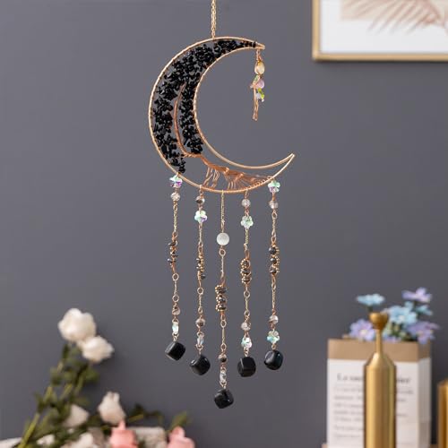 Agate Moon Dream Catchers with Crystal 7 Chakra Gemstone Dream Catchers Color Natural Gem Agate Wall Hangings Room Garden Dreamcatchers Decor (Black) - color: Black
