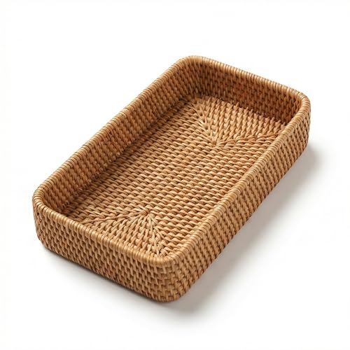 9.8" x 5.3" Rattan Tray, Wicker Decorative Tray, Woven Tray Rectangular, Natural Vanity Tray, Catchall Organizer Storage for Bathroom Kitchen Counter Entryway Coffee Bar Nightstand (Rectangular S) - color: Natural S (9.8×5.3×1.5")