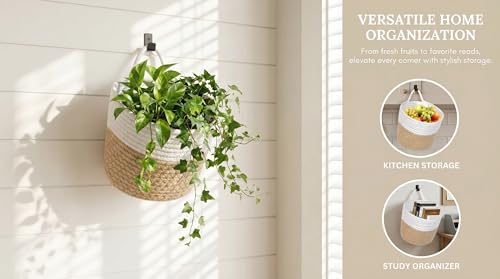 Storage Basket – Stylish Cotton Rope Wall Baskets for Organizing, 3 Pack Over the Door Storage & Small Spaces – Natural Decorative Home Organizer - color: White&khaki