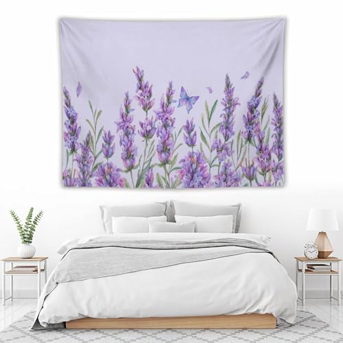 HZOHNAGO Lavender Flower Tapestry Watercolor Purple Floral Butterfly Pattern Printed Wall Tapestry Wall Hanging for Bedroom Living Room Dorm 80" W x 60" H - color: Lavender-10, size: 80"L x 60"W