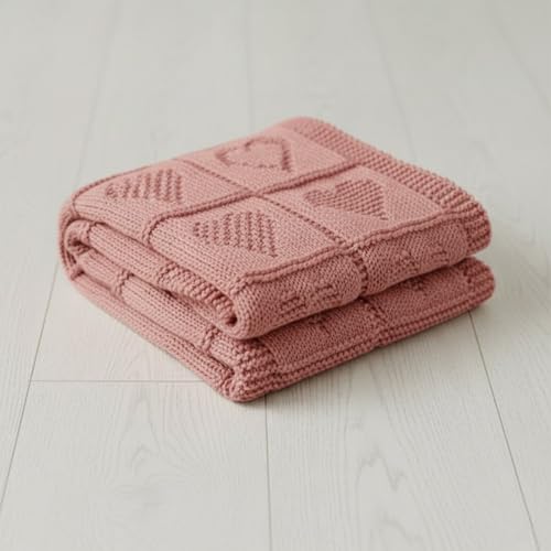 Baby Knit Cotton Blanket Rose Pink Heart Pattern Soft Breathable Throw for Crib Or Stroller Nursery Gift Baby Shower Birthday Christmas Size 30x30 - color: Rose Pink, size: 30"x30"