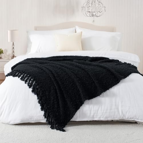 Knit Throw Blanket Fluffy Fuzzy Soft Lightweight Cozy Farmhouse Tassels Chunky Knitted Throws for Couch Sofa Bed (Black, 50"x60") - color: Black, size: 50"x60"