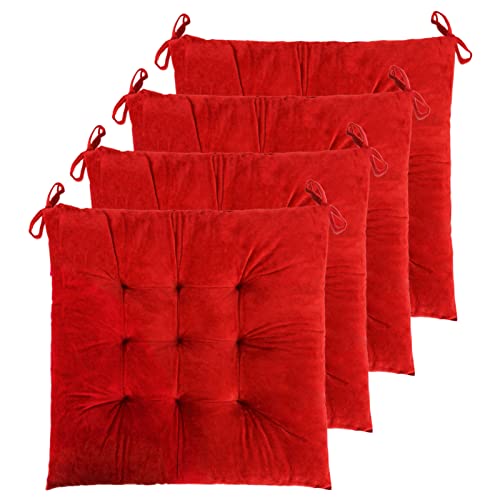 ELFJOY 4 Pack Chair Cushions for Dining Chairs Chair Pads Cushion for Kitchen Office Tufted Square Seat Cushion with Ties (16" Red Velvet) - color: Bright Red