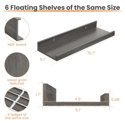 upsimples Floating Shelves for Wall, Wall Shelves for Decor Storage Set of 6, Wall Mounted Wood Shelf for Bedroom, Living Room, Bathroom, Kitchen, Picture Ledge Shelf, Grey - color: Grey, size: 15.7in