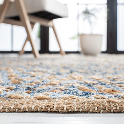 SAFAVIEH Cape Cod Collection Accent Rug - 4' x 6', Natural & Blue, Handmade Flat Weave Coastal Braided Jute, Ideal for High Traffic Areas in Entryway, Living Room, Bedroom (CAP350A)