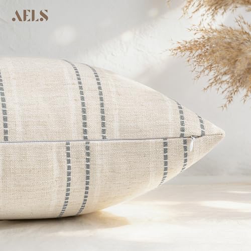 AELS 18x18 Decorative Farmhouse Linen Blend Throw Pillow Covers, Boho Textured Pillow Case, Set of 2, Beige with White & Gray Stitch Yarn Dyed Stripe Cushion Cover for Sofa Living Room (Cover ONLY) - color: Beige With White & Gray, size: 18" x 18" (Pack o