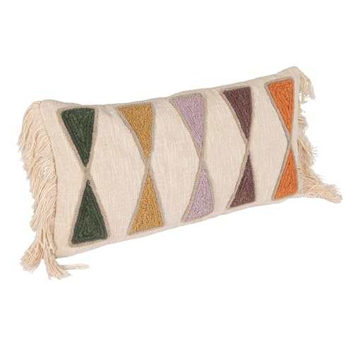 Bloomingville Embroidered Cotton Lumbar Pillow with Fringe, Earthen Multicolors - color: Hunter Green, Yellow, Brown, Orange