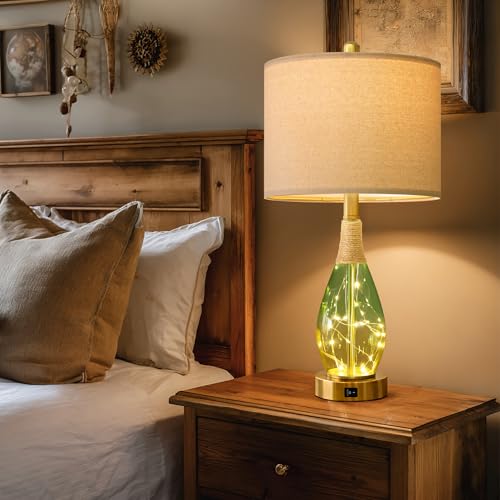 OYEARS 23" Table Lamps Set of 2,Farmhouse Lamps with Glass Nightlight, Bedside Lamps for Living Room, Rattan Lamps for Bedroom Nightstands, Two Light Points - color: Yellow Green