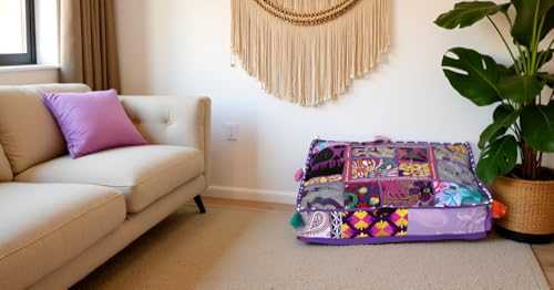 CRAFT KALA Indian Square Patchwork Traditional Pouf Cover Indian Living Room Poufs Decorative Embroidered Designer Ottoman Home Living Footstool Chair Cover Decor Pillow Cover 18x18x5 inches, Purple - color: Purple, size: 18"D x 18"W x 5"H