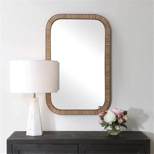 Pemberly Row Farmhouse Accent Wall Mirror, Rectangular Rattan-Style Frame, Dark Brown Finish, Rounded Corners, Durable Construction, Coastal or Farmhouse Decor for Living Room or Bedroom