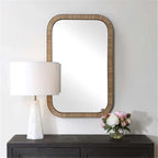 Pemberly Row Farmhouse Accent Wall Mirror, Rectangular Rattan-Style Frame, Dark Brown Finish, Rounded Corners, Durable Construction, Coastal or Farmhouse Decor for Living Room or Bedroom