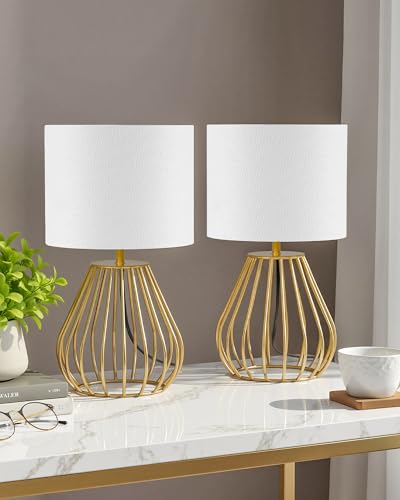 Gold Table Lamp Set of 2, Small Bedside Lamps Set of 2, 2700K LED Bulb Included, Gold Metal Base & White Linen Lampshade, Modern Nightstand Lamps for Bedroom, Living RoomDCW06TLP205 - color: 2Pack White + Gold