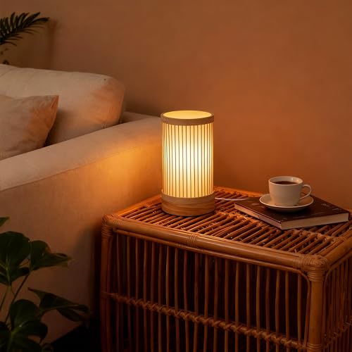LUSHARBOR Bamboo Table Lamp, Small Boho Rattan Lamp Decorative with Dimmable Light, Woven Bedside Lamp for Bedroom, Cozy Nightstand Desk Lamps for Cafe/Entryway/Tabletop/Shelf Decor - style: USB-STRIP