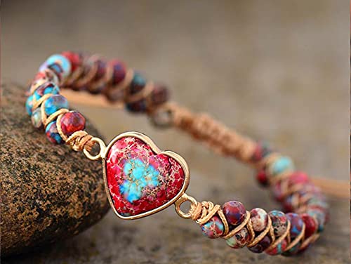 Women Boho Wrap Bracelet,Handmade Natural Stone Crystal Emperor Beads Heart Bracelet, Fashion Bohemian Jewelry Gift for Women - color: Emperor Jasper