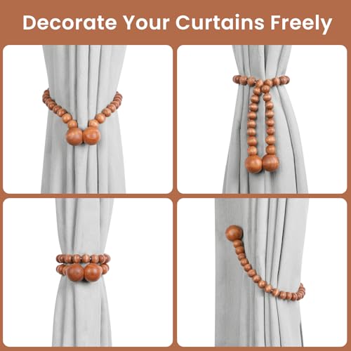 KLOGTSIND Magnetic Curtain Tiebacks, Curtain Tie Backs for Curtains 2 Pack, Wood Bead Curtain Tiebacks, Curtain Holders for Boho Bedroom Decor, Baby Nursery Decor, Farmhouse Decor - color: Brown