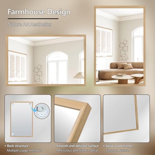 36"x24" Solid Wood Bathroom Mirror, Rustic Wood Frame Wall Mirror for House Decor, Rectangle Farmhouse Bathroom Vanity Mirror Bedroom Living Room Entryway, Explosion-Proof Horizontal/Vertical - color: Solid, size: 36"L x 24"W