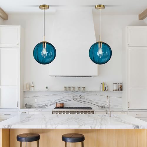 Modern Blue Glass Pendant Light, Kitchen Island Lighting 2-Pack Globe Pendant Light Fixtures Century Kitchen Island Pendant Lighting for Bedroom Living Dining Room Light Fixture (Without Bulb) - color: Blue-1 Light-2PC