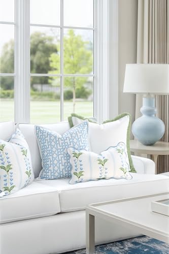 Hofdeco Premium Grandmillennial Coastal Hampton Patio Indoor Outdoor Lumbar Pillow Cover Only, 12"x20" Water Repellent for Backyard, Couch, Poolside, Blue Green Print Striped Lily of the Valley - color: Blue Grass Green Watercolor Striped Lily of the Vall