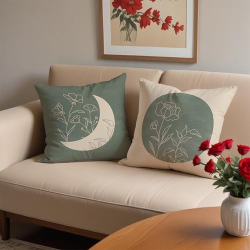 Boho Sage Green Floral Plant Pillow Covers 18x18 Set of 2, Sun and Moon Decorative Pillow Covers for Couches and Sofas, Line Plant Pillow Covers, Abstract Boho Throw Pillow Covers - color: Sunandmoon-02