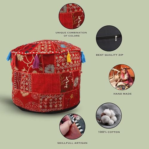 Bohemian Indian Patchwork Ottoman Pouf Cover – 18"x13" inch Round Cotton Embroidered Footstool Pillow – Vintage Ethnic Decor, Red (Cover Only) - color: Red, size: 18"D x 18"W x 13"H