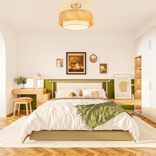 SineRise 16'' Rattan Flush Mount Ceiling Light Fixture,2-Tier Drum Hand-Woven Boho Flush Mount Ceiling Light,Farmhouse Light Fixture for Living Room,Kitchen,Bedroom Foyer Entryway ect. - color: Gold, size: Large Ceiling
