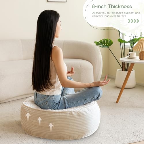 HIGOGOGO 8" Extra Thick Floor Pillow Cushion for Adults, Meditation Cushion Pillow, Large Round Floor Sitting, Tufted Corduroy Cover, for Tatami Living Room or Yoga, 22x22 Inch, Beige - color: Round Beige, size: 8" Thick(Pack of 1)