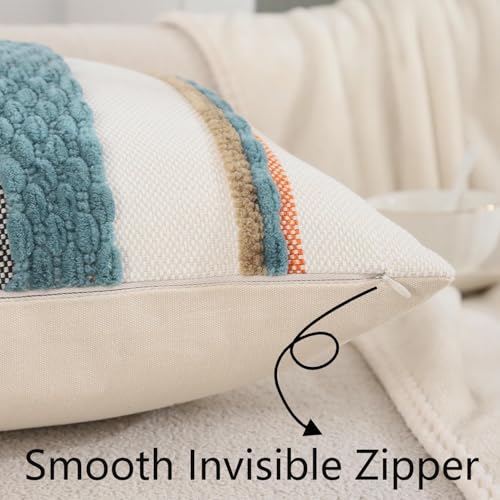 Turquoise Pillow Covers 18x18 Set of 2 Blue Coastal Throw Pillow Covers Boho Farmhouse Beach Pillow Cover Striped Decorative Pillow Case Accent Chenille Pillowcase for Home Decor - color: Blue Stripe, size: 18" x 18" (Pack of 2)