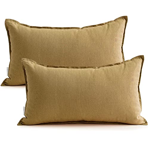 Jeanerlor Natural Cotton Linen Green Decorative 12"x20" Throw Pillow Case Cushion Cover with Twin Needles Stitch on Edge for Lumbar, (30 x 50cm), 2 Pcs, Earth Yellow - color: Earth Yellow, size: 20" x 12" (Pack of 2)