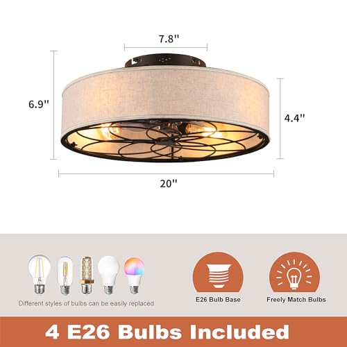20" Caged Ceiling Fan With Light Low Profile Fabric Farmhouse Bladeless Ceiling fan With Remote Control,Low Profile Modern Enclosed Ceiling Fans with Reversible Motor for Bedroom,Include 4 Bulbs - color: Brown