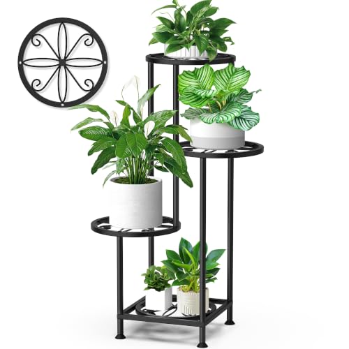 4 Tier Plant Stand Indoor Outdoor, Metal Flower Shelf Display Holder, Multiple Plants Corner Tall Flower Holders for Patio Balcony Porch Garden Living Room (Leaf Black) - color: Leaf Black, size: 4 Tier